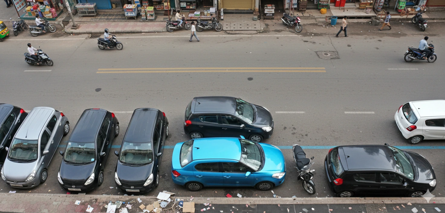 Double-parked vehicle on busy street
